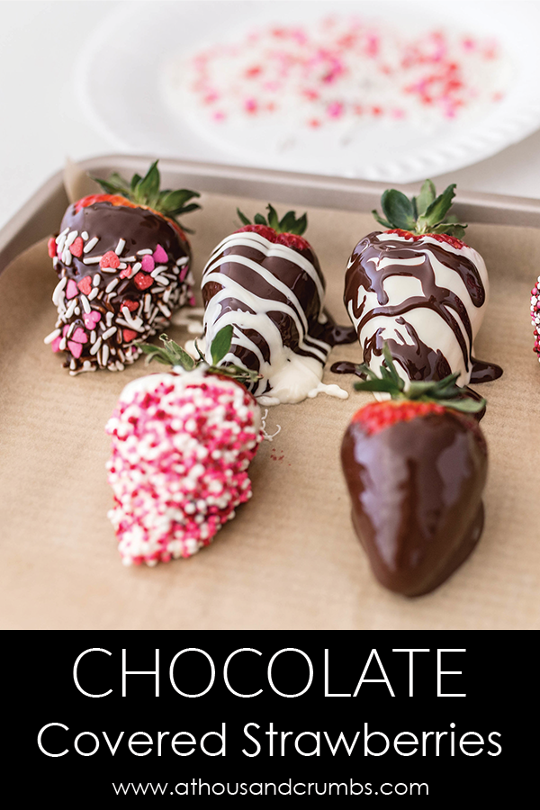 A festive favorite for any celebration, these easy chocolate covered strawberries are sure to be a hit!  #athousandcrumbs #chocolatecoveredstrawberries #strawberries #easydessert #dessertideas
