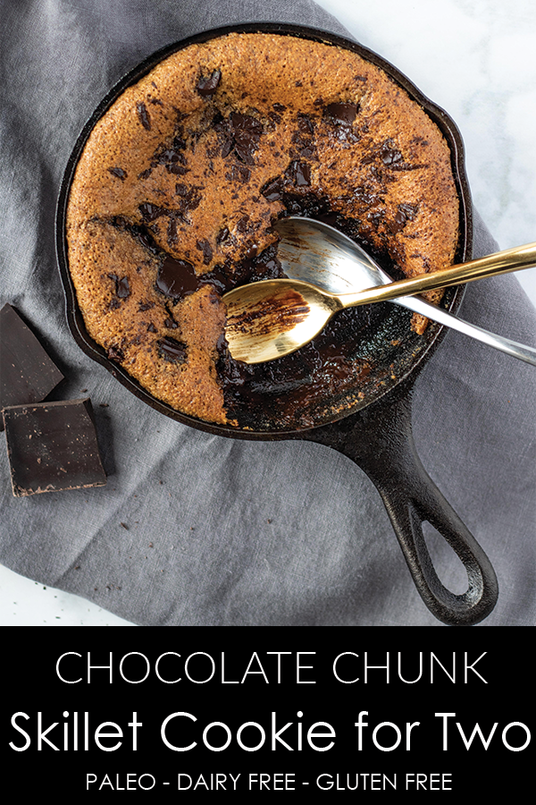 A decadent treat for two, you would never know this skillet cookie is paleo! #athousandcrumbs #glutenfree #skilletcookie #paleo #dairyfree #refinedsugarfree