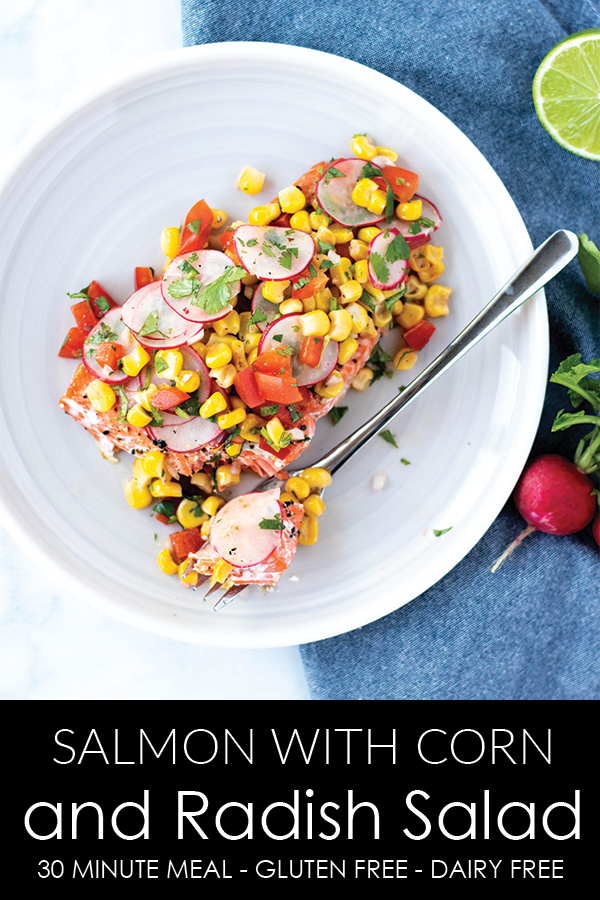 An easy, light, and fresh, salmon recipe with a tasty corn and radish relish on top. A perfect weeknight recipe that is ready in under 30 minutes. #athousandcrumbs #salmonrecipe #weeknightmeal #weeknightrecipe #30minutemeal #lightdinner